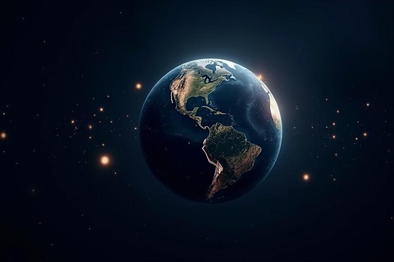 A glowing sphere symbolizes Earth or global impact. It floats in a dark sky filled with stars. Faint glowing lines of dots connect across it. These represent decentralized networks.