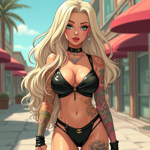 Anime character with light blonde hair and emerald green eyes. 52 years old with tattoos and piercings. Features a cybernetic leg and wears edgy Chanel printed outfit. Setting is a luxurious shopping district.