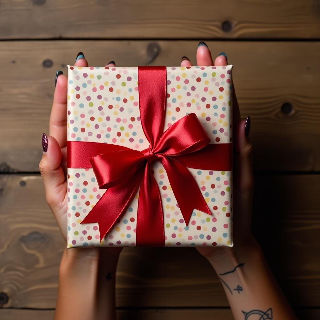 Gift wrapped in polka dot paper with red ribbon on wooden surface. Hands holding the gift.