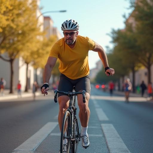 Cyclist on a city street with arms raised. Bright morning light. Street scene with trees. Focus on the cyclist's silhouette. Distant people in motion. Bike path highlighted.
