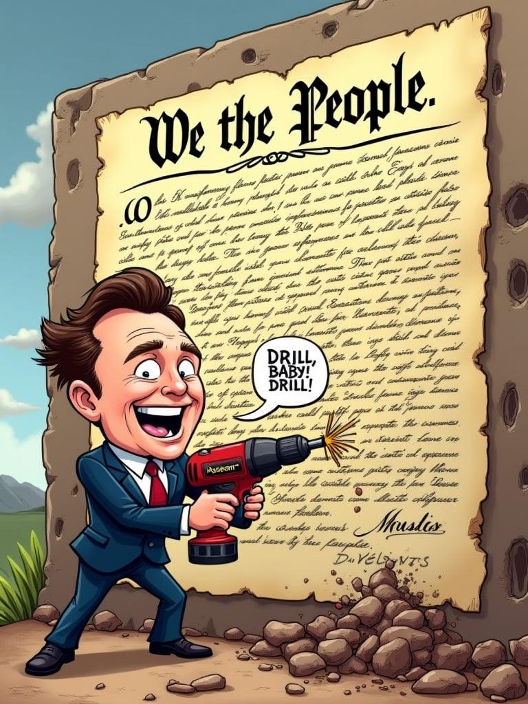 Cartoon image shows a wall resembling the Declaration of Independence. Title on the wall reads 'We the People'. A character resembling Elon Musk stands in front wearing a suit. He holds a large power drill and smiles confidently. He enthusiastically drills into the wall causing debris to fall. Dark holes appear symbolizing damage to the document. The character shouts 'DRILL, BABY, DRILL!' humorously critiquing political decisions regarding natural resources.