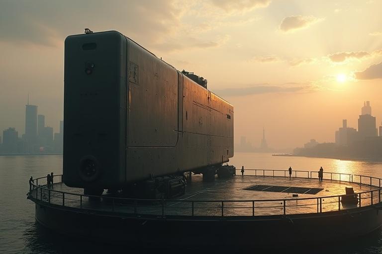 A huge sci-fi rectangular shaped black metal gun is silhouetted at sunset. The structure rests on a rotating platform on an island. Small figures stand by the guard rails. The city skyline looms across the river. Clouds and atmospheric fog enhance the scene.