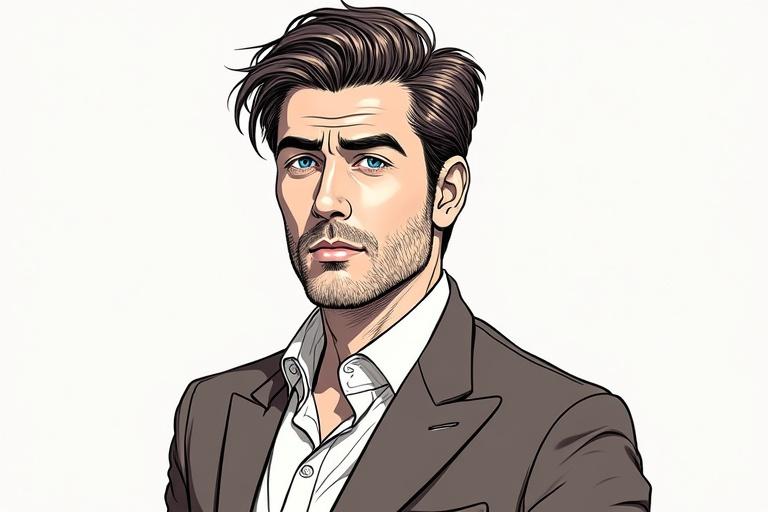 Illustration of a stylish Italian male dressed in a smart suit. Hair is well styled. He stands confidently in a neutral background.