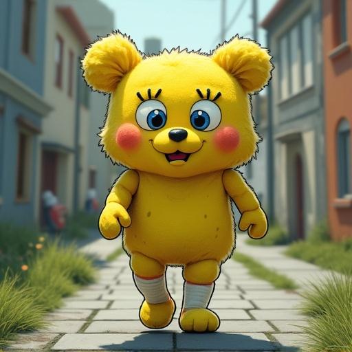 Lulo The SpongeBob bear walks to school in socks looking disappointed.