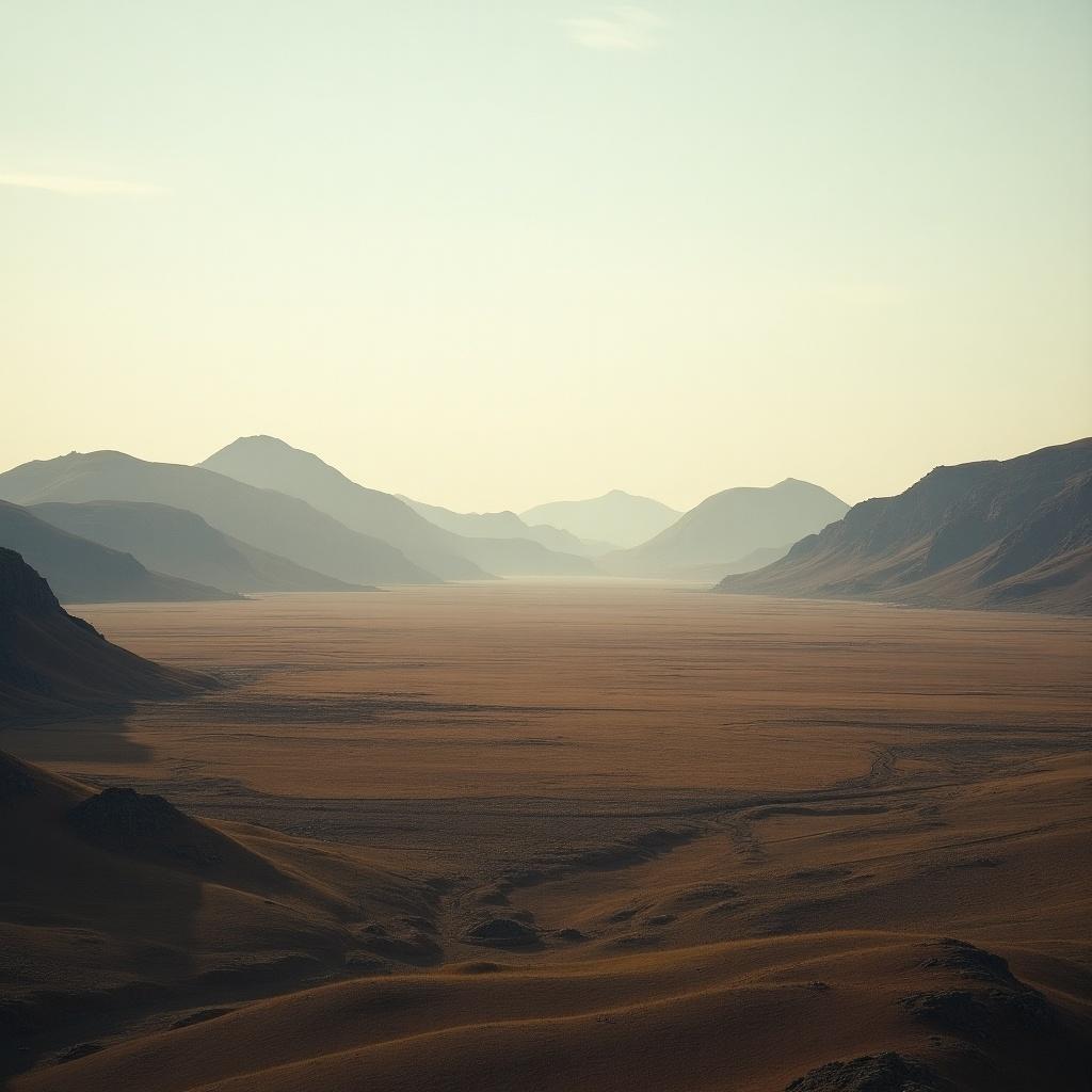 Landscape features flat plains in the center. Rugged terrain with hills gradually leading to mountains at the edges. Soft daylight enhances distant mountains.