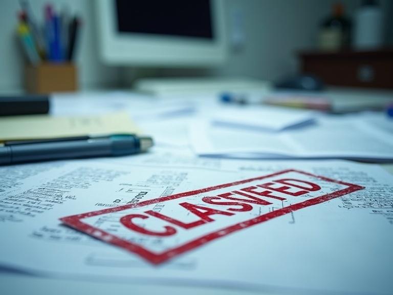 Realistic photo of a laboratory workspace with scattered documents and a prominent 'CLASSIFIED' stamp. Soft natural lighting enhances details like pens, notebooks, and a computer in the background. Captured with a 50mm lens for depth.