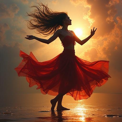 A dancer gracefully spins in a flowing red dress at sunset. Hair flows with movement. Water reflects the colorful sky. Evokes a sense of freedom and joy.