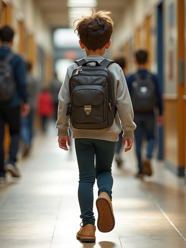 A boy walks through a school hallway. He wears a backpack and leggings. The scene captures students walking in the background. The lighting is bright and inviting.