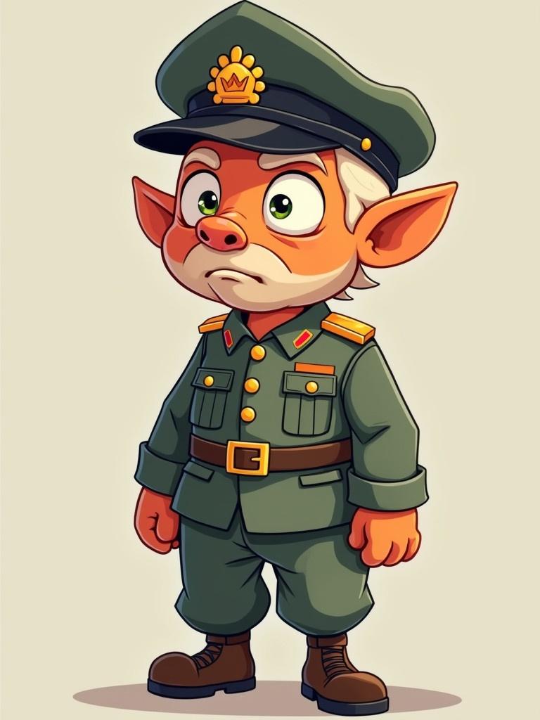 Fish character in military uniform. The character has an old serious face. The fish is anthropomorphic with a military coat and hat. Displays badges and medals.