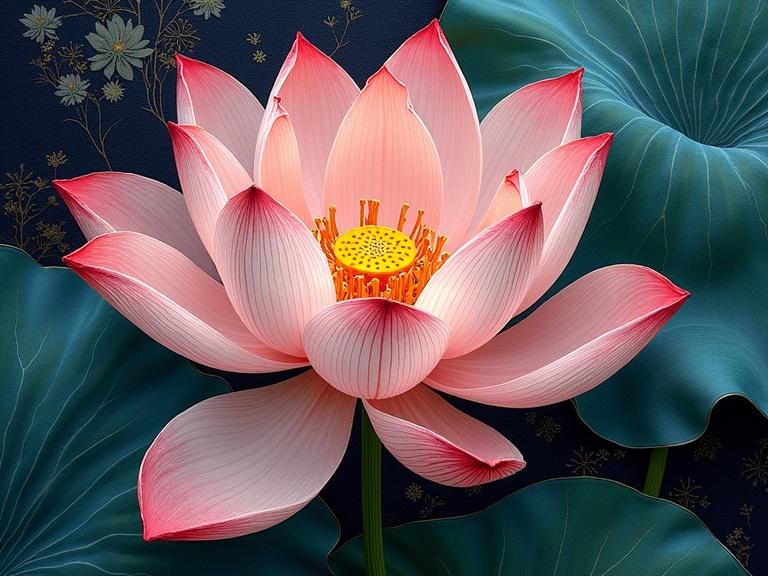 A handcrafted Chinese silk embroidery of a beautiful lotus flower. The embroidery showcases intricate details and textures on a brocade background. The flower's delicate petals display soft pink hues with vibrant edges. The backdrop features deep green leaves, adding contrast to the floral design.