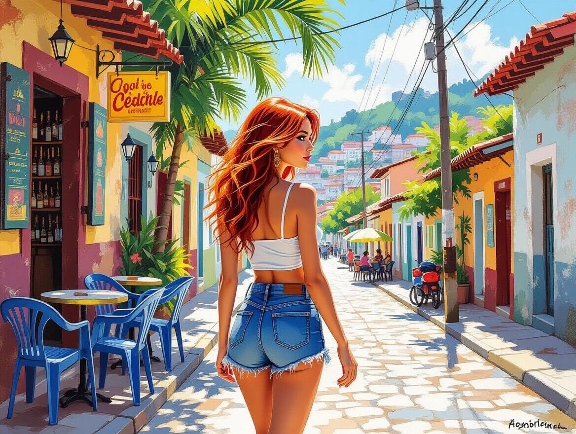 Illustration shows lively Brazilian street with colorful houses. A young woman with deep red hair walks confidently. She wears a white crop top and denim shorts. The street features outdoor seating, tropical trees, and cobblestones. Bright summer day is depicted in rich oil painting style.