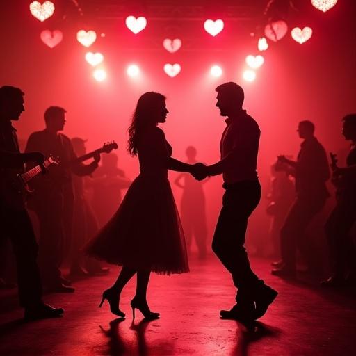 Dancing couple on stage in a bar setting. Red lighting and heart-shaped decorations create a romantic ambiance. Background filled with silhouettes of other dancers and musicians.