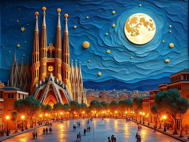 Stunning 3D representation of the Sagrada Familia in Barcelona at night. The artwork features vibrant colors and intricate layered paper art. A full moon illuminates the scene with city lights reflecting off the textured surfaces. The perspective shows a close view from a public square. Thick textures create an impasto look reminiscent of a Van Gogh painting with decorative elements throughout.