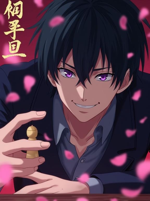 A bishounen villain with piercing violet eyes holds a shogi piece. He has a half-smile. Petals fall in slow motion around him. The style is inspired by Studio MAPPA. Sharp lighting creates deep shadows. The title 'THE KING’S GAMBIT' appears in high-contrast kanji-style font.