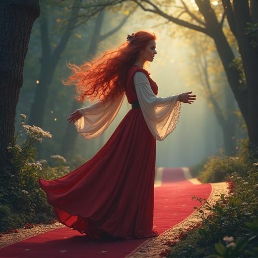 A woman with long red hair stands gracefully on a path in a misty forest. She wears a flowing red dress and extends her arms as if conjuring magic. Sunlight filters through the trees, creating a serene and enchanting atmosphere.