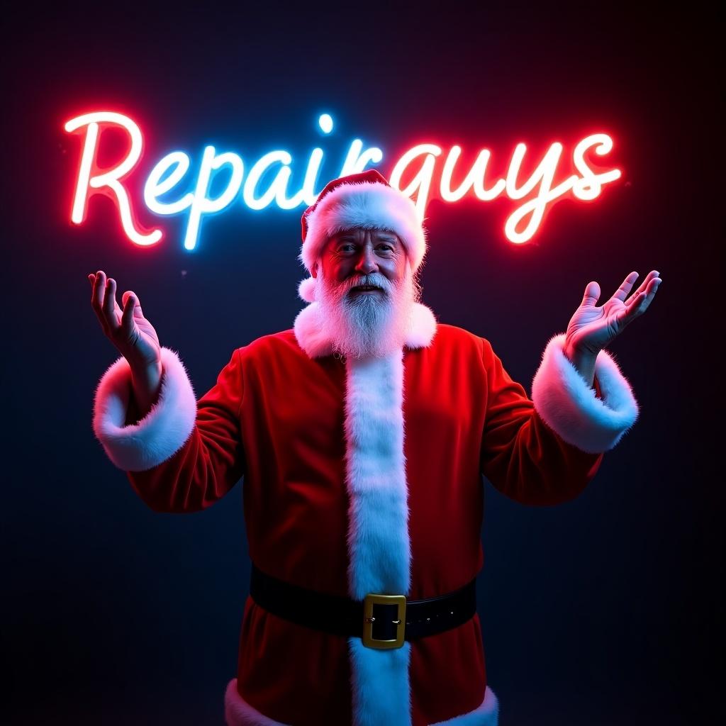 Father Christmas stands in a red suit with white fur trim. He is against a dark background with neon lights. His hands are illuminated in an interactive gesture. The neon words are Repairguys. The bright colors include red blue and pink, creating a modern twist on Christmas.