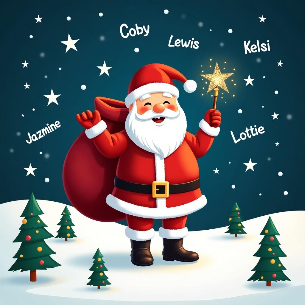 The image features a cheerful Santa Claus standing in a snowy landscape. He has a large red sack slung over his shoulder and is holding a sparkly wand. Santa is dressed in his traditional red and white outfit, complete with a belt and boots. Behind him, the night sky is illuminated with twinkling stars. The names Coby, Lewis, Kelsi, Jazmine, and Lottie are featured prominently in the scene. Pine trees dot the snowy ground, enhancing the festive mood.