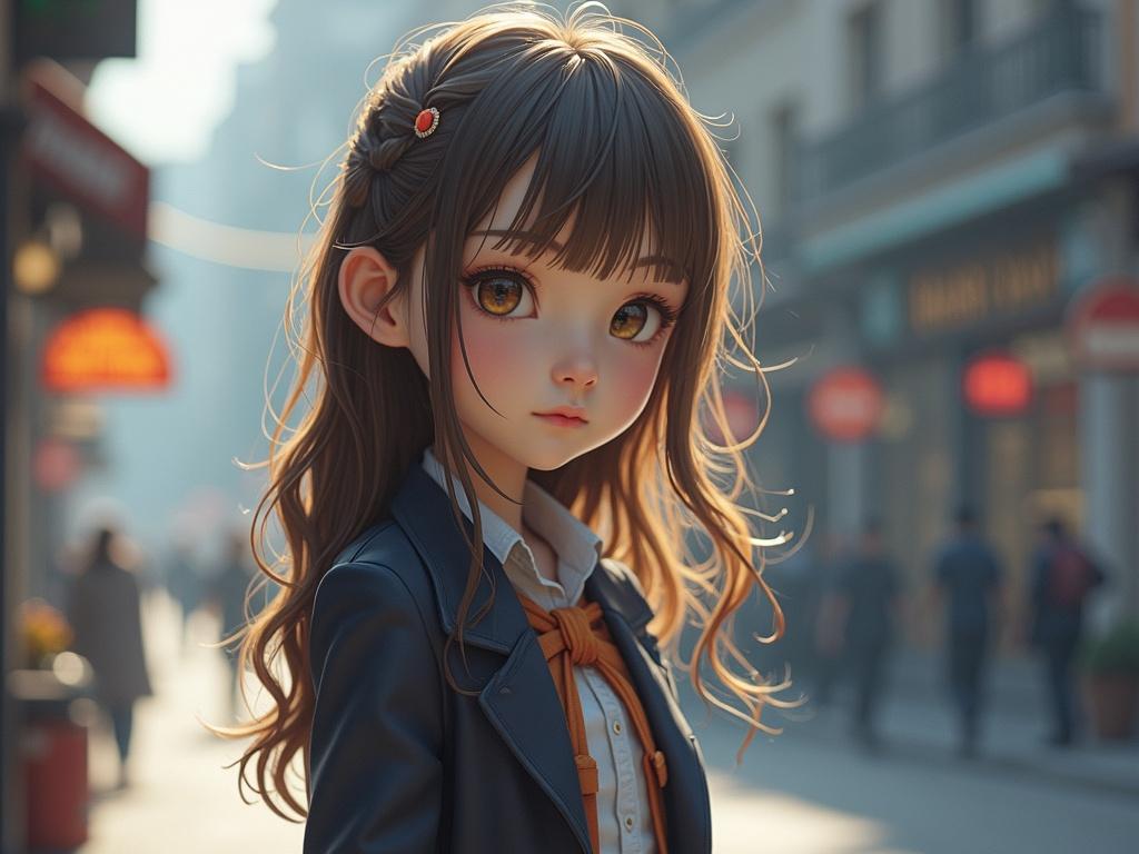 Anime character in urban street scene wearing a stylish outfit with long hair and expressive eyes.