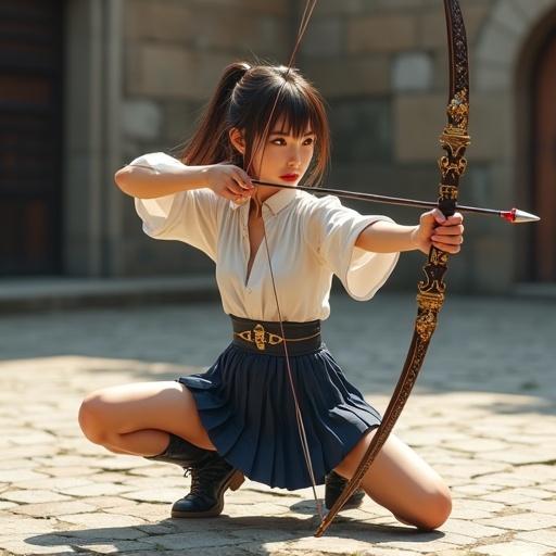 Ultra realistic hyper detailed photo-realistic depiction of a Japanese high school girl archer kneeling while pulling a medieval longbow. She has a focused gaze aiming at a target. Dressed in a navy mini skirt and white blouse featuring fantasy-inspired cutouts and sheer sleeves. Strong posture with light brown hair in a low ponytail. Background shows a medieval stone plaza with warm lighting.