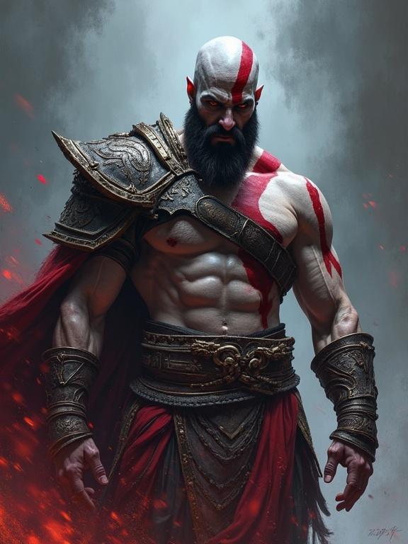 Artwork of a powerful warrior in dramatic pose. Character has a muscular physique with distinctive markings. Enveloped in dark tones and glowing embers. Emotional expression reflects past struggles and self-acceptance.