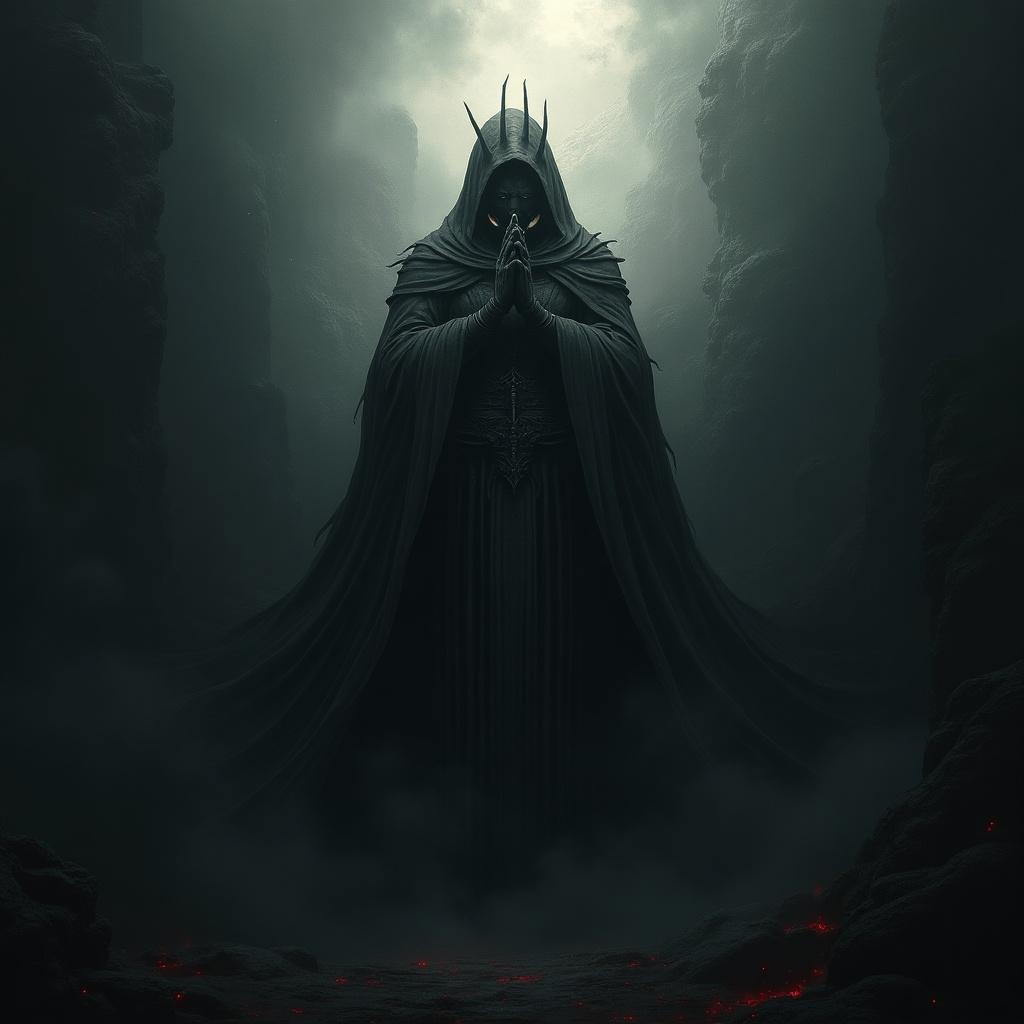 dark fantasy scene featuring a cloaked figure standing in a shadowy environment. Fog surrounds the figure, adding a mysterious atmosphere.