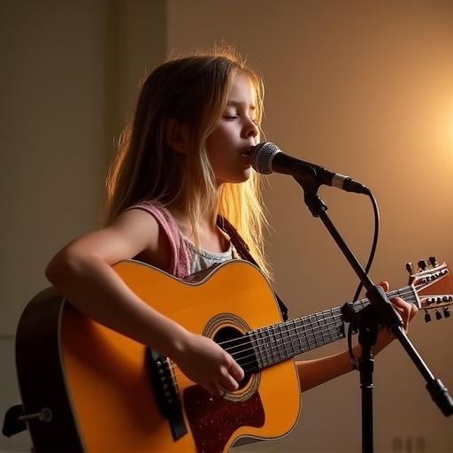 A girl sings a song while playing guitar. Warm light illuminates her. She focuses on her performance passionately.