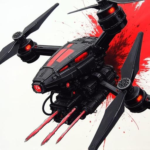 Close-up artwork showcases a elaborately designed surveillance drone quadcopter. Ink painting style emphasizes linework and vibrant red contrasts. Features biomechanical elements with visible muscle structures and blades. Artwork inspired by H.R. Giger and influenced by Blame! and Half-Life 2.