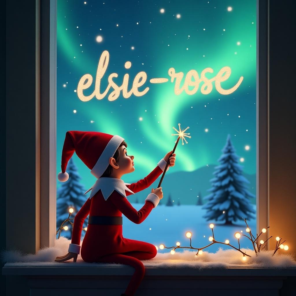 The image features a charming elf sitting on a windowsill, facing away with a whimsical expression. The elf is using a sparkling wand to write 'elsie-rose' in the sky. The background showcases a magical winter scene with vibrant northern lights illuminating the night sky. Snow-covered trees are visible, adding to the festive atmosphere. Strands of lights are draped around the windowsill, enhancing the cozy holiday vibe.