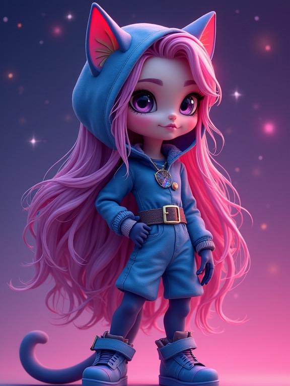 A cartoon character stands confidently in a cosmic-themed outfit with cat features. Features long pink hair and a starry backdrop. Emphasizes anime style and charm.