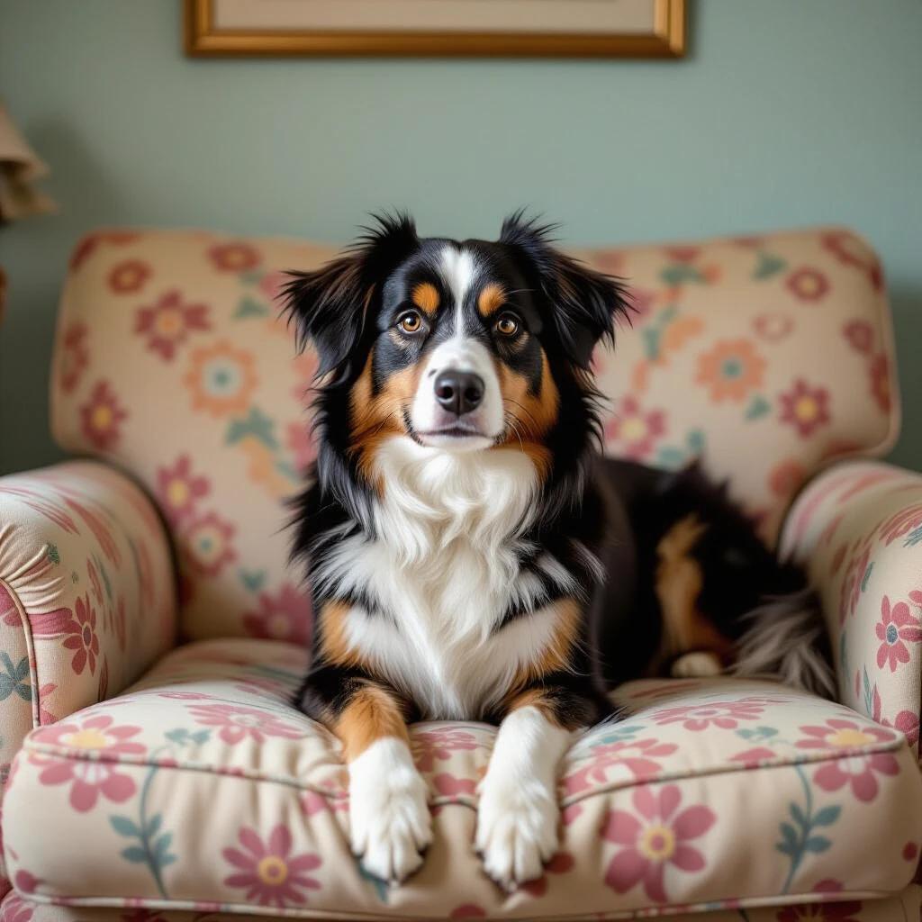 Dog sitting comfortably on a floral patterned couch with pastel colors. The dog has distinctive markings and a fluffy coat. The setting has a cozy atmosphere typical of the 1970s style.