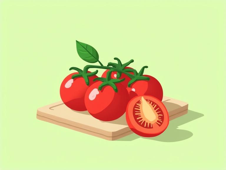 Fresh tomatoes on a cutting board. Bright red glossy tomatoes with green stems. Light green background. Cheerful and inviting vibe. Smooth and rounded shapes. No text.