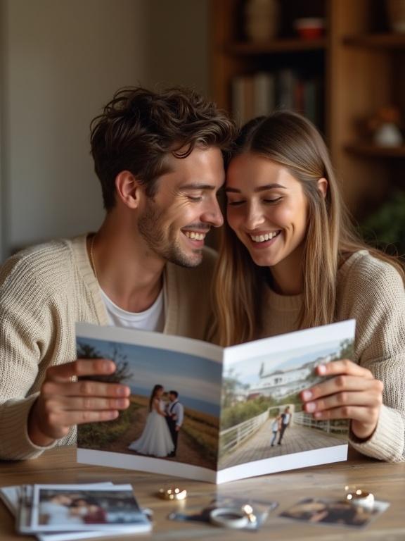 A couple looks at a wedding brochure. They are laughing together. The setting is cozy and homey. Rings and travel photos are on the table. Soft lighting creates a happy mood.