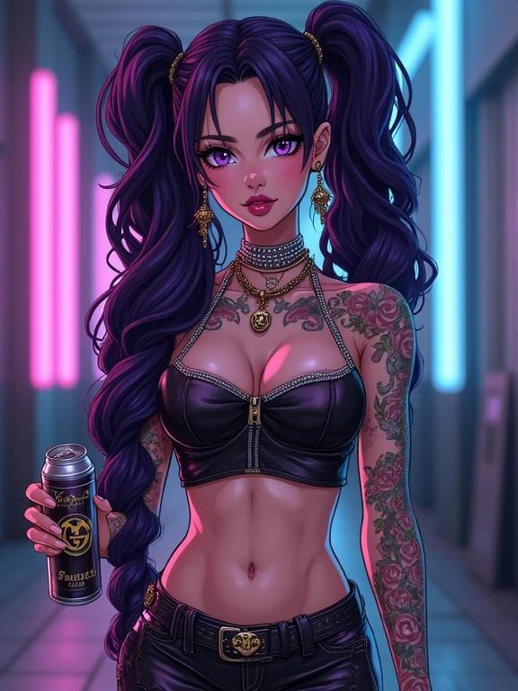 Anime scene of a young woman in a futuristic setting. She has long amethyst purple hair styled in pigtails. The setting is high-tech and modern with neon colors. Tattoos adorn her body. She wears stylish sexy streetwear. The atmosphere is vibrant and edgy. She holds a spray can. The mood is intense and rebellious.