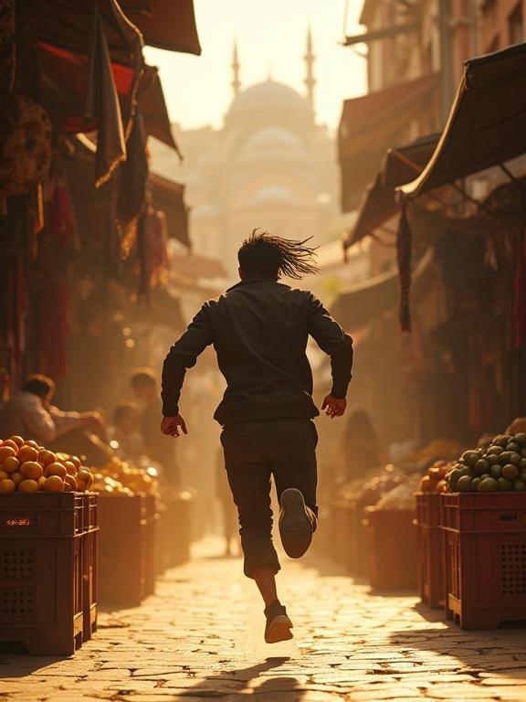 Photorealistic cinematic frame shows a man running in Istanbul's Grand Bazaar. He vaults over fruit crates. Golden hour light creates a warm ambiance. Scents of spices fill the air. The man's shadow stretches across rooftops. Flying scarves from market stalls swirl. Heat haze distorts minaret silhouettes. Camera shakes suggest pursuit through the city.