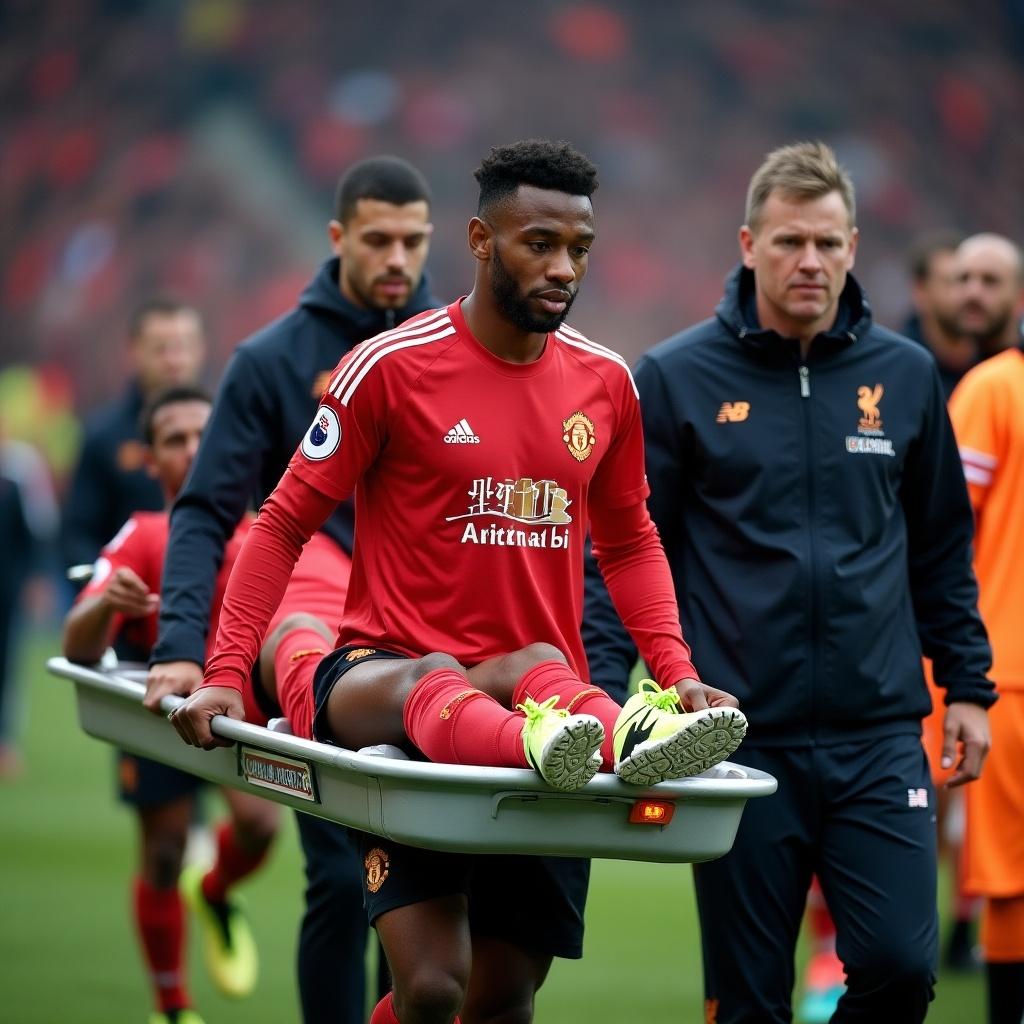 The image depicts a soccer player being carried on a stretcher during a match. He is wearing a red jersey, associated with Manchester United. Medical staff are attending to him, showcasing the importance of player safety in sports. The scene highlights the urgency and seriousness of sports injuries. Onlookers in the background provide context to the bustling atmosphere of a live soccer game.