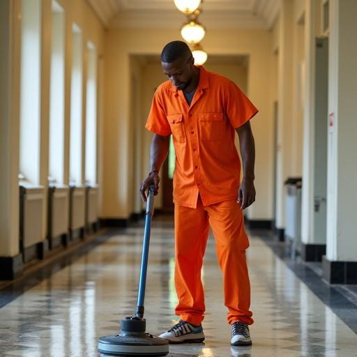 Image shows man polishing floors at the White House with a floor buffer. Man wears bright orange shirt and pants. Corridor features elegant lighting and polished surfaces. Focus on cleaning process and maintaining the space.