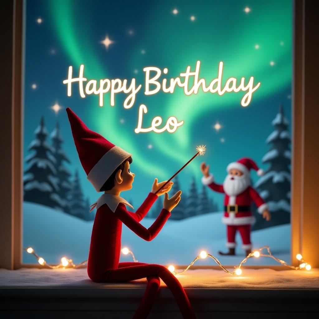 Elf on the shelf in red outfit sits with back to the viewer holding baby elf faces sky writing Happy Birthday Leo. Background showcases a beautiful Christmas scene with Northern Lights and Santa. Magic wand used to write elegantly.