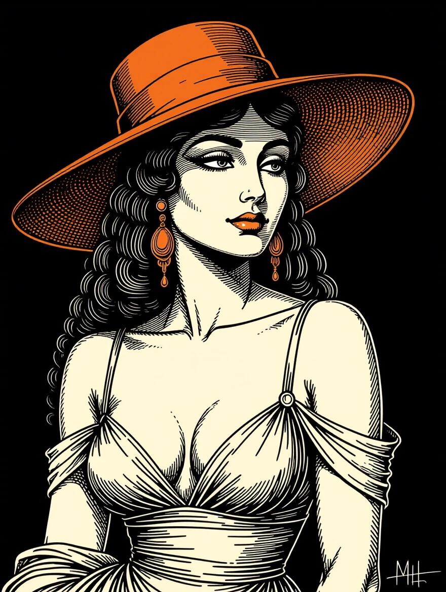 Monochrome ink illustration features a full body figure inspired by Cleopatra. Figure wears an elegant hat and showcases soft gaze. Artwork highlights contours and texture with deep shadows. The style is bold hand-drawn lines with a black background ensuring isolation.
