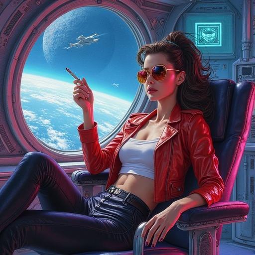 Watercolor painting of young woman in pilot chair in spaceship. Wearing glossy cropped jacket and fitted pants. Casual cigarette holder in fingers. Glowing space station and planet visible through window. Neon light reflects off cockpit panels. Retro-futuristic style inspired by Cowboy Bebop and Yuumei.