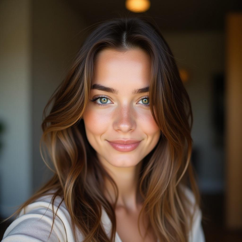 Image showcases a young woman smiling naturally. Background softly blurred. Natural light enhances her skin texture. She has a relaxed demeanor. Looks like a high-resolution selfie, casual and everyday.