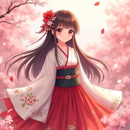 Vertical mobile wallpaper featuring a cute girl in traditional attire with long hair and flowers. The scene has cherry blossoms and a warm atmosphere.