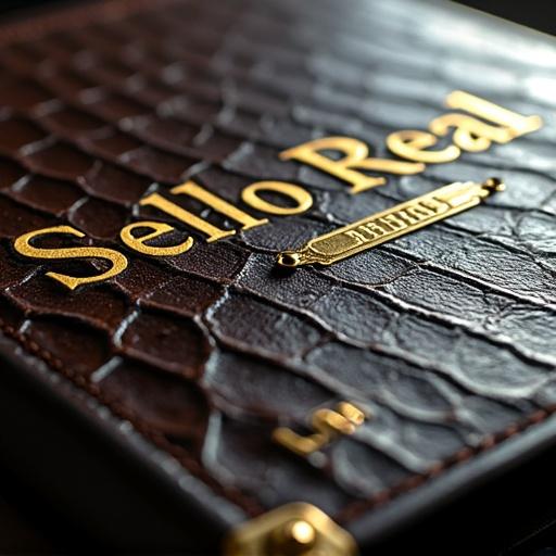 This image features a luxury album cover. A high-resolution macro shot displays dark brown alligator skin. The leather shows detailed scales and rich textures. In the center, the words 'Sello Real' appear embossed in a classic serif font. A polished gold plaque with initials 'LRB' is located in the bottom right corner. Soft side lighting accentuates the tactile feel and elegance. The composition evokes a sophisticated and powerful mood. Aspect ratio is 1:1.
