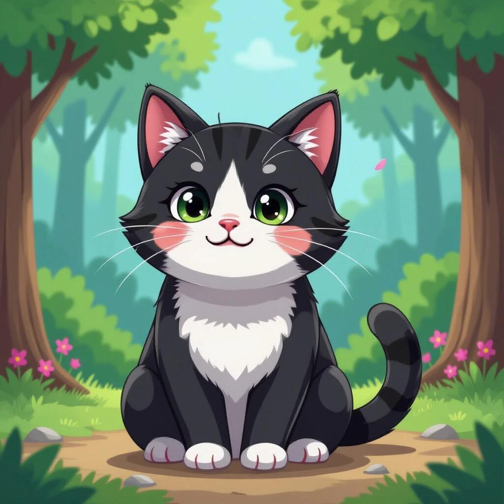 Cute cartoon cat with black and white fur. Cat sits happily in a vibrant forest with trees and flowers. Picture is bright and colorful. Cat has big green eyes and a cheerful expression. Nature background suggests an animated style.