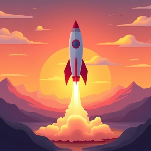 Rocket launching from launchpad at sunrise during summer. Mountains in the background with easily separable layers. Flat colors in Adobe Illustrator style. Stylized text above the rocket reads Summer is a season just like any other season but hotter.