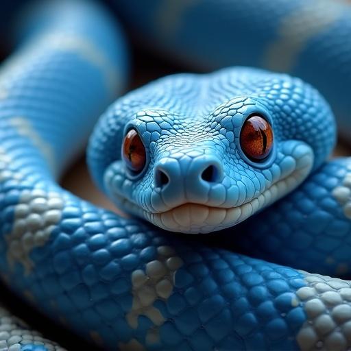 A close-up of a blue and white snake. The snake has blue skin with white patterns. The eyes are blue and reddish. The image captures the snake's facial features in vivid detail.