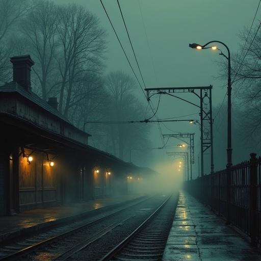 A gothic train station shrouded in mist. The atmosphere is haunting and forlorn. Oil painting style emphasizes grime and melancholy. Street lamps cast a warm glow while fog envelops the scene.
