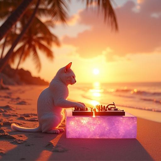 Wide shot of a beach at sunset. A glowing sunset with golden waves lapping against iridescent sand. An anthropomorphic cat is at a crystalline DJ console. The camera moves in to catch the sun melting into the horizon. Palm-like trees sway with translucent leaves. The sky has hues of gold, pink, and violet.