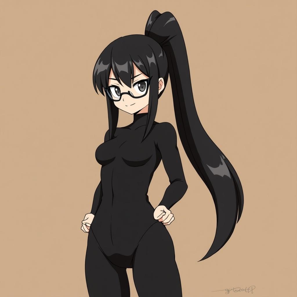 The image showcases an anime-style character in a dynamic pose. She has long, black hair tied in a high ponytail and wears stylish glasses. Dressed in a form-fitting black outfit, the character stands against a plain brown background. The simplicity of the background lends more focus to her expressive eyes and confident stance. This character is designed to capture attention with her confident pose and stylish look.