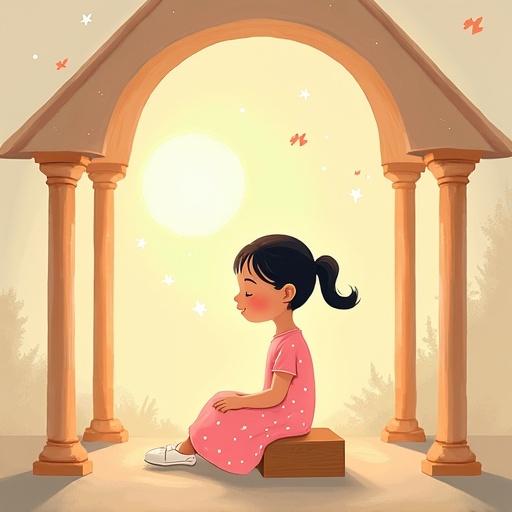 A children's book illustration featuring a young girl named Leila. She has short black hair in a ponytail and wears a pink dress with white polka dots. Leila sits calmly with her eyes closed in a symbolic house with wooden pillars. The structure has a dome-shaped roof. A warm glow surrounds her and elements of nature include trees, birds, and sparkles. The lighting is soft and dreamy.