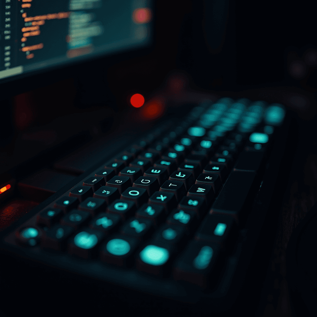 A dimly lit mechanical keyboard glowing softly in a dark room with code displayed on a monitor in the background.